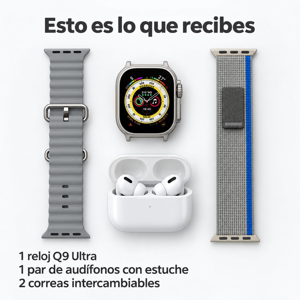 Combo Q9 Ultra – Reloj + Audífonos + 2 Correas.